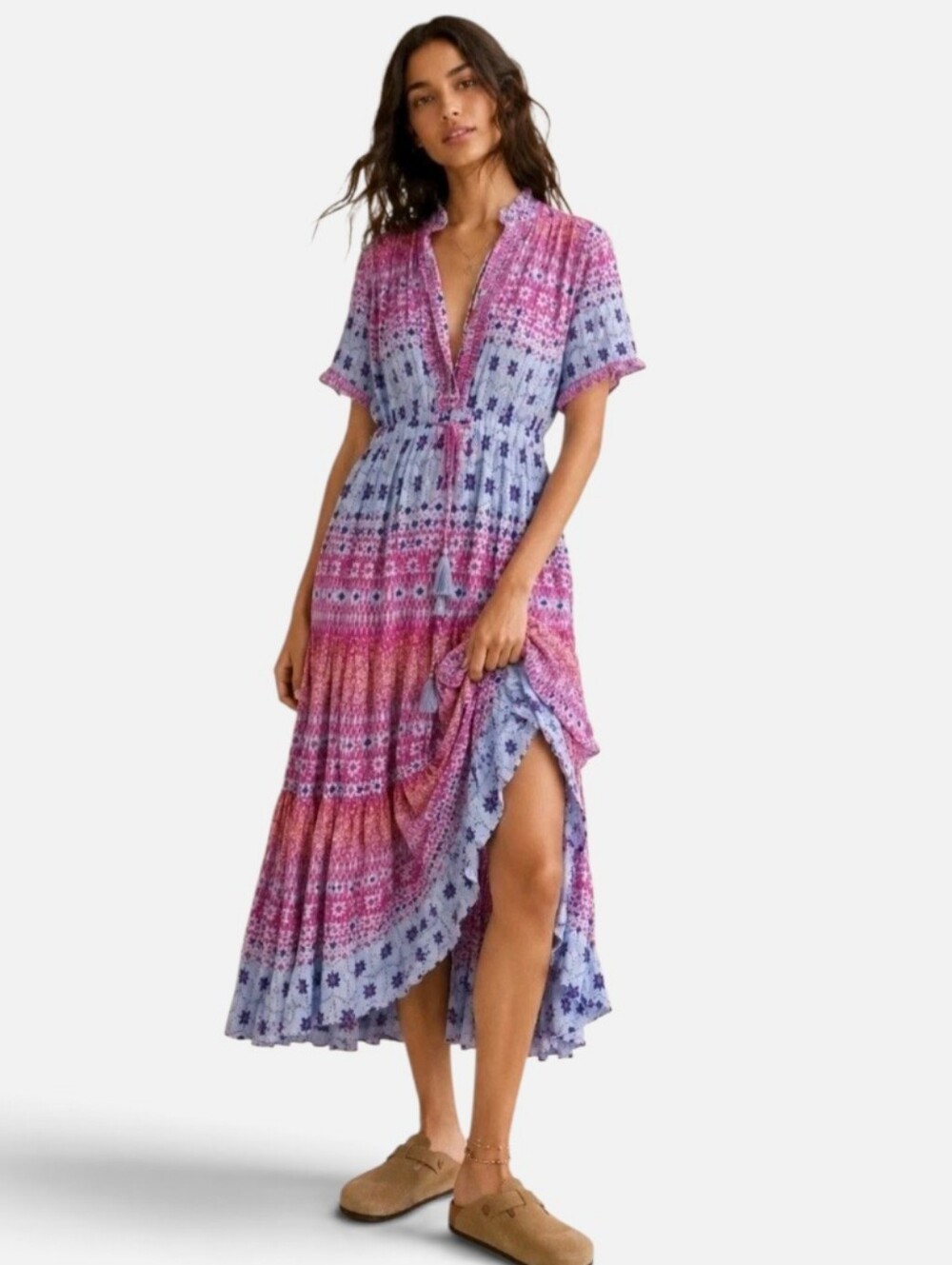 Free People Rare Feeling Pleated Boho Maxi Dress Purple Pink Floral gypsy M